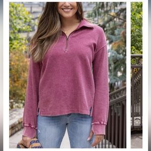 Grace & Lace Washed Quarter Zip Thermal Pullover in Red